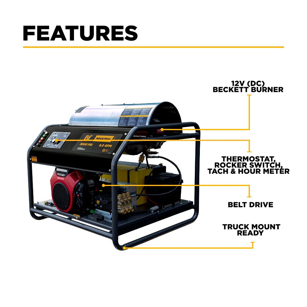BE 3000PSI 8.0GPM Hot Water Pressure Washer with Honda GX690 Engine and General Triplex Pump - HW3024HG12V - Expert Power Wash